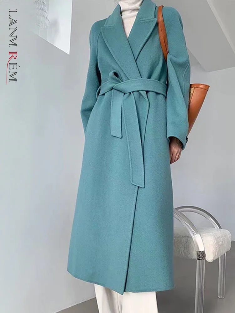 

LANMREM 2022 осенне-зимнее шерстяное двухстороннее пальто, свободное роскошное пальто средней длины с отворотом, женская уличная одежда 2R4925