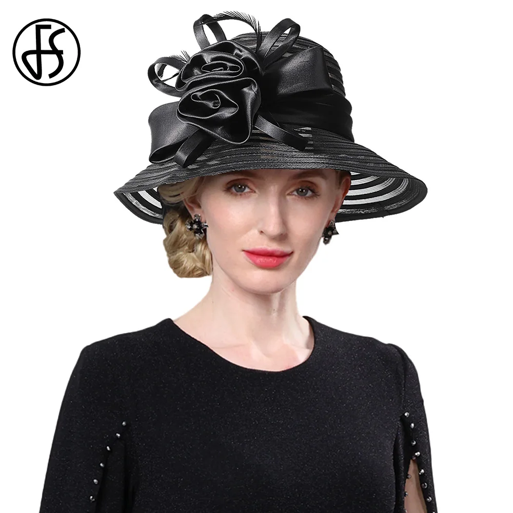 

FS 2023 New Wide Brim Organza Summer Hat For Women Floppy Beach Sun Hats Elegant Ladies Wedding Kentucky Cap Black Church Fedora