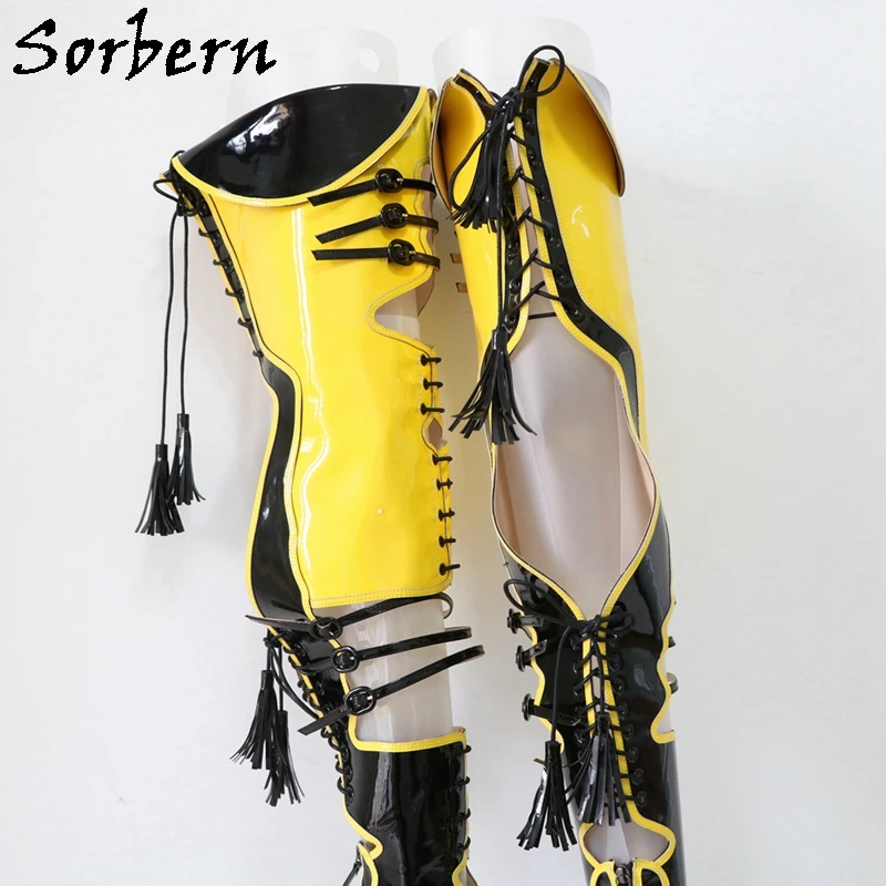 Sorbern Sexy Yellow Black Boots Women Over The Knee Lace Up Back Contrast Colors Pointed Toe Stilettos High Heels Custom Legs