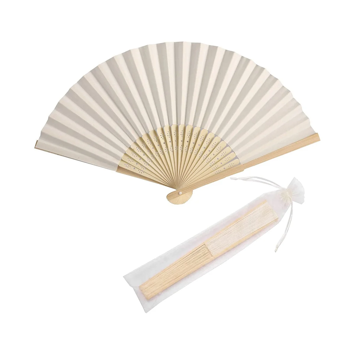 

50Pcs Paper Hand Fan Bamboo Handheld Folded Fan Decorative Paper Fan Wedding Party Favors (Cream)