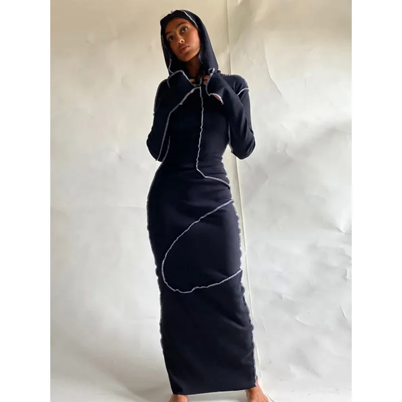 

Long Sleeve Hooded Patchwork Skinny Maxi Dress 2021 Autumn Winter Women Fashion Streetwear Casual Outfits