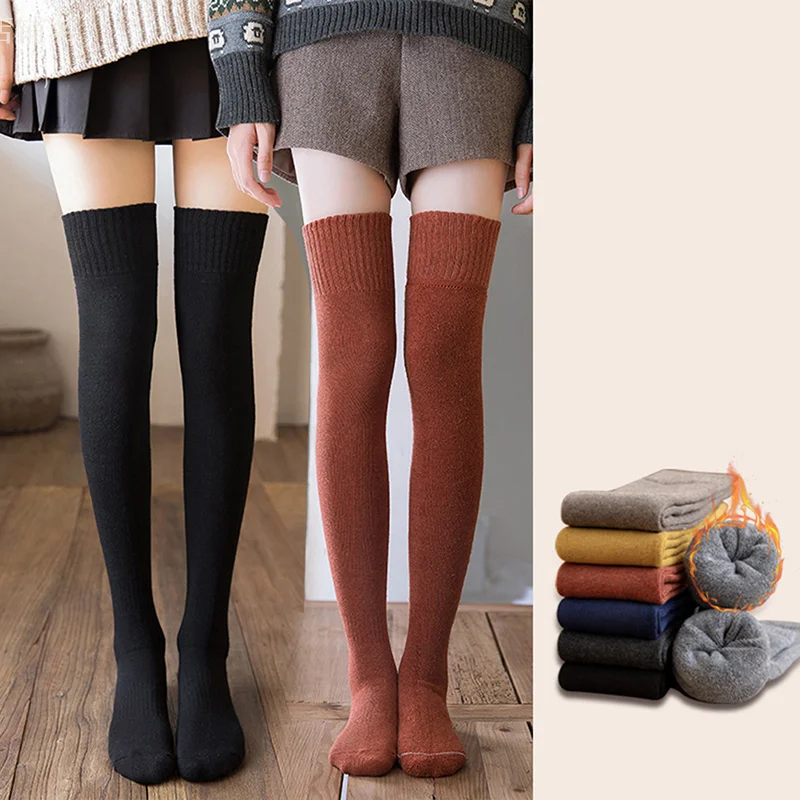 

1Pair Japanese Style Soft Close-fitting Fashion Thicken Thigh High Socks Women Solid Warm Wool High Knee Socks Femme Leg Boots