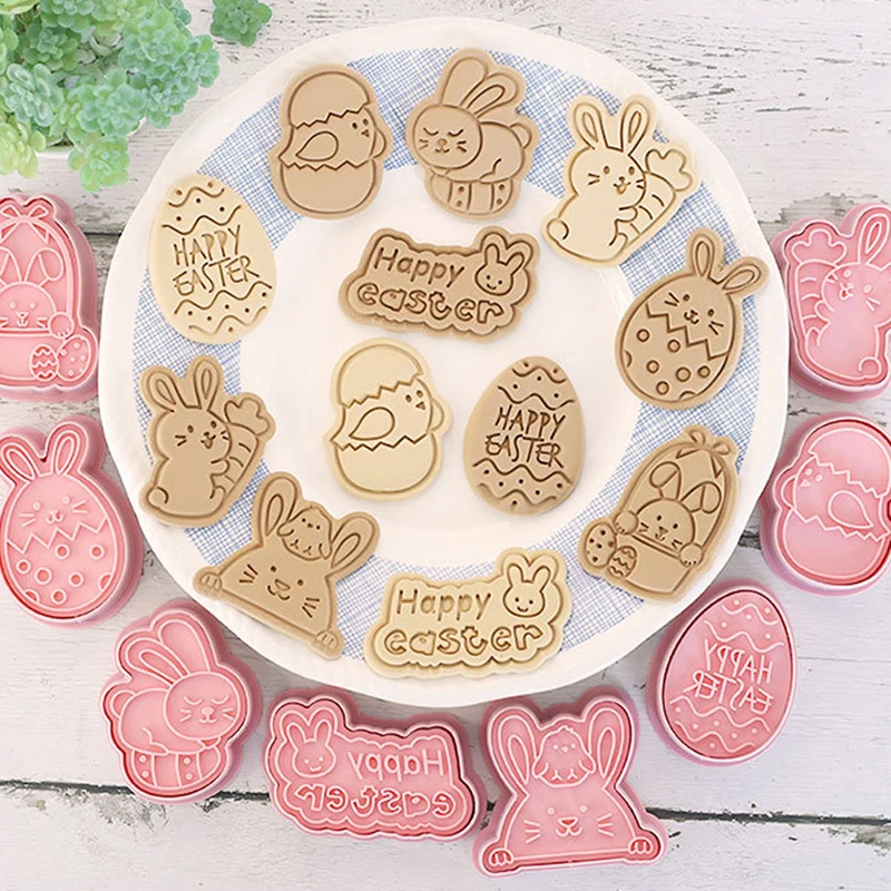 

8Pcs/Set Easter Cookie Cutter Rabbit Egg Biscuit Cutter DIY 3D Plastic Cartoon Bunny Molds Baking Tools Easter Party Decoration