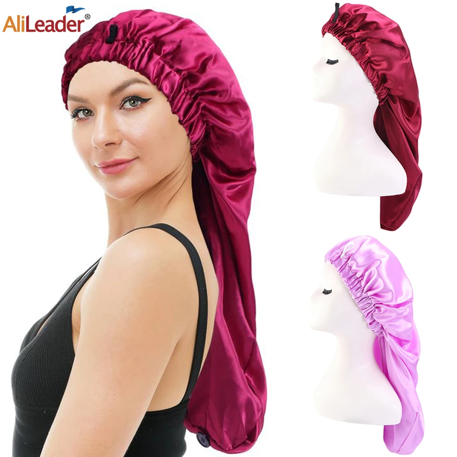 

10/20/30Pcs Free Custom Logo Extra Long Satin Bonnet Sleep Cap Long Bonnet For Braids Hair Loose Cap Foldable With Button
