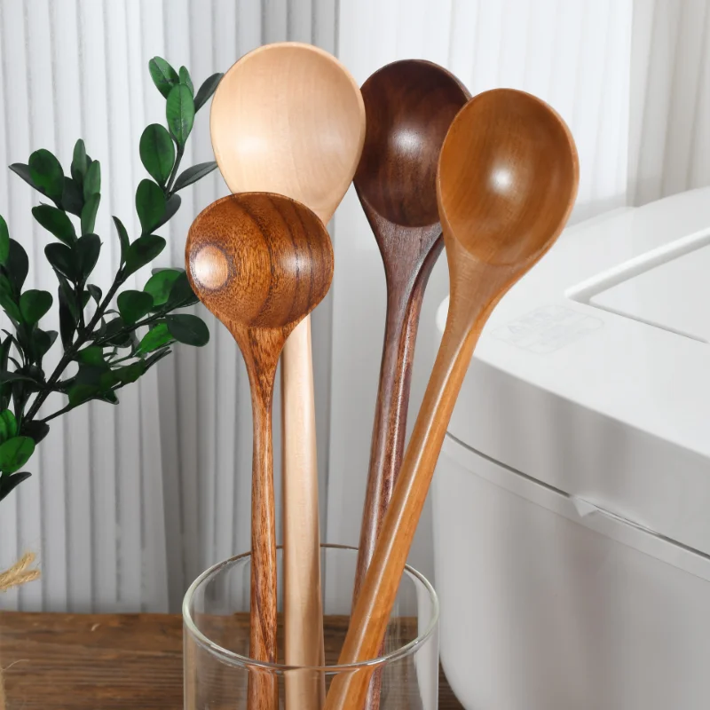 1Pcs Long Spoon Wooden Korean Style Natural Wood Long Handle Round Spoons For Soup Cooking Mixing Stir Spoon Dessert Spoon