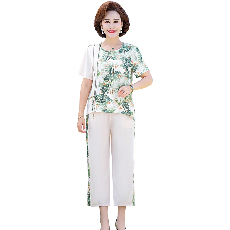 

Mother Summer Set Lace-up T-shir tops t and Wide Legs Pants Middle-aged Women Clothes Edge Printing stitching Two Pieces Suits