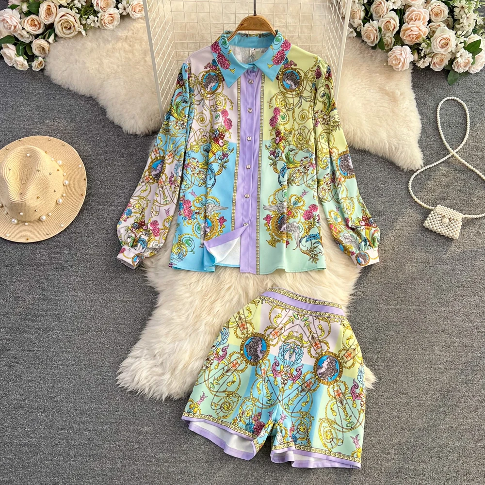 

Женский модельный комплект из 2 предметов, короткая однобортная блузка с отложным воротником и шорты с высокой талией и карманами, одежда, A1248, лето