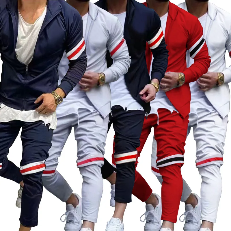 Slim-Fit Sports Long-Sleeved Lapel Cardigan Men's Zipper Color Matching Fashion Casual Men's Sport Suit