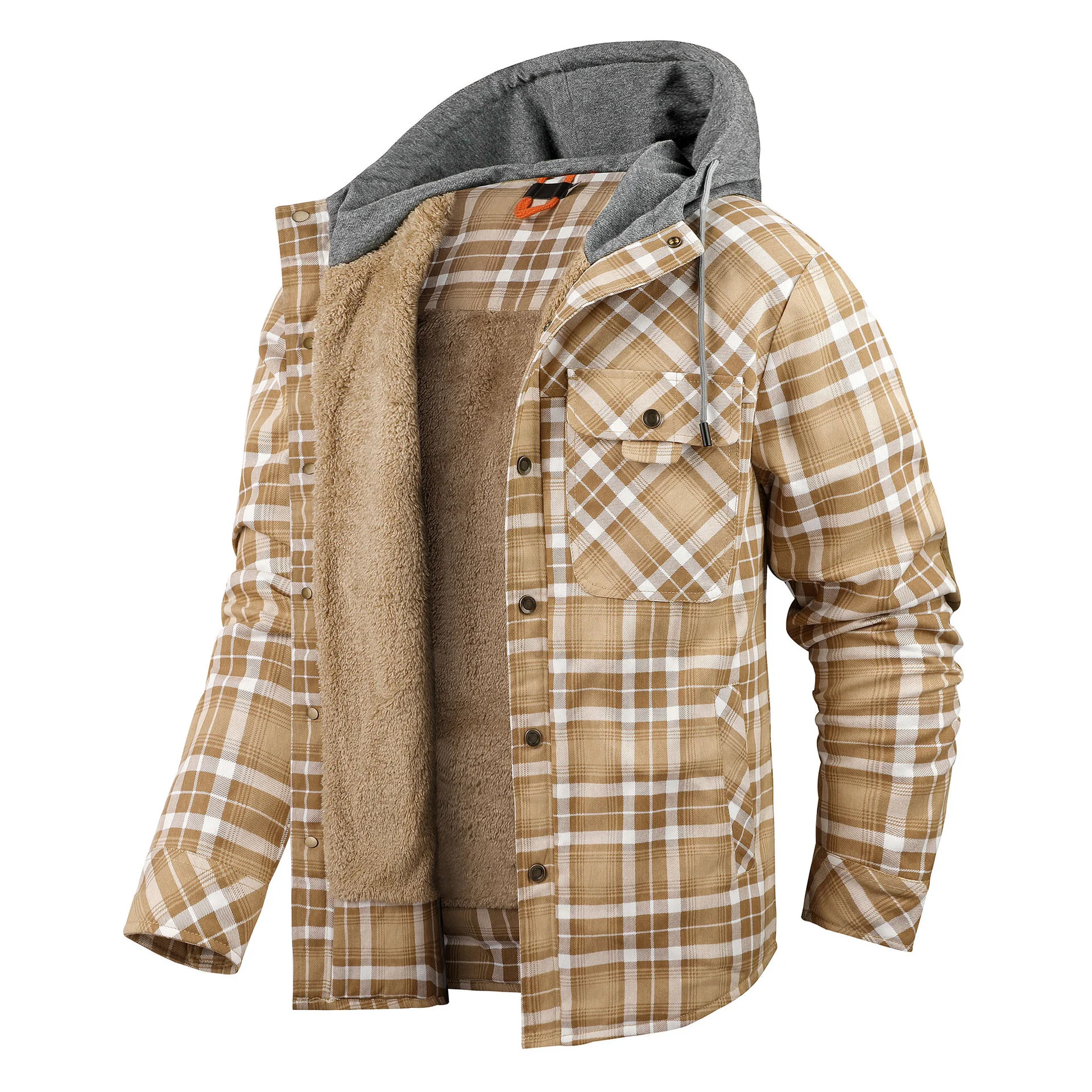 US Size Autumn Winter Hooded Fleece Shirt Men Plus Size Outdoor Casual Thick Warm 100% Cotton Mens Plaid Shirts Windbreaker Coat