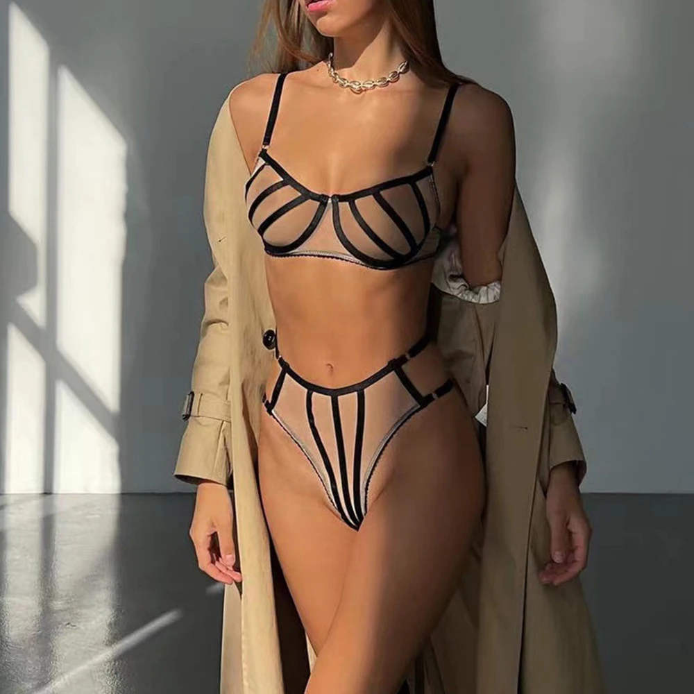 Pespective Lingerie Sets for Women Luxury Lace Underwear Transparent Mesh Bra Panties Sexy Costume Erotic Bilizna Set Intimate