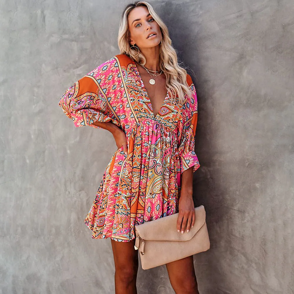 

2023 Spring Summer New Ethnic Style Printed V-neck Long-sleeved Casual Dress Mini Dress Beach Boho Sexy Dress платье