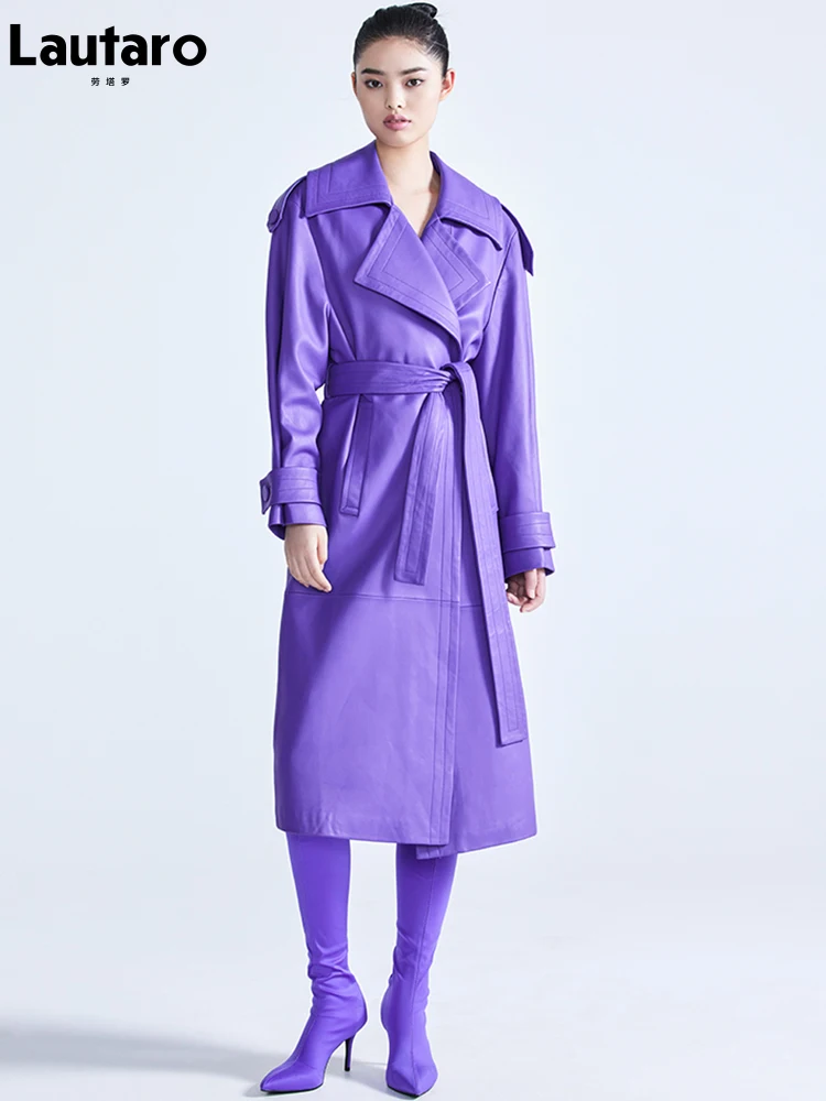 Lautaro Spring Autumn Long Luxury Elegant Purple Colored Faux Leather Trench Coat for Women Sashes Runway Designer Fashion 2022