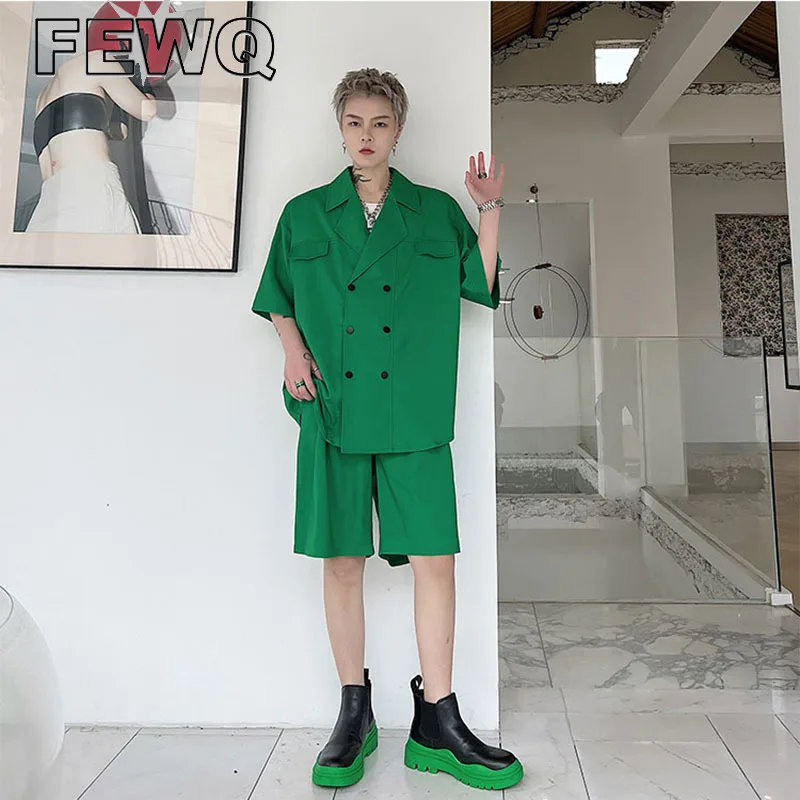 

FEWQ Men Double Breasted Suits Male Solid Color Sets Lapel Casual Short Sleeve Tops Korean Fashion Shorts 2023 Spring New 9A7807