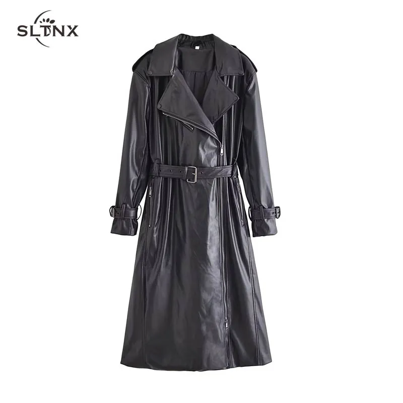

Модная женская ветровка из искусственной кожи SLTNX 2023, зимние длинные женские элегантные тренчи с поясом, новая верхняя одежда