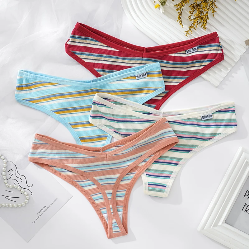 M-XXL Sexy Women G-string Panties Rainbow Stripe Cotton Thongs Underwear Pantys Low-Waist Femme Underpants Thong Lingerie
