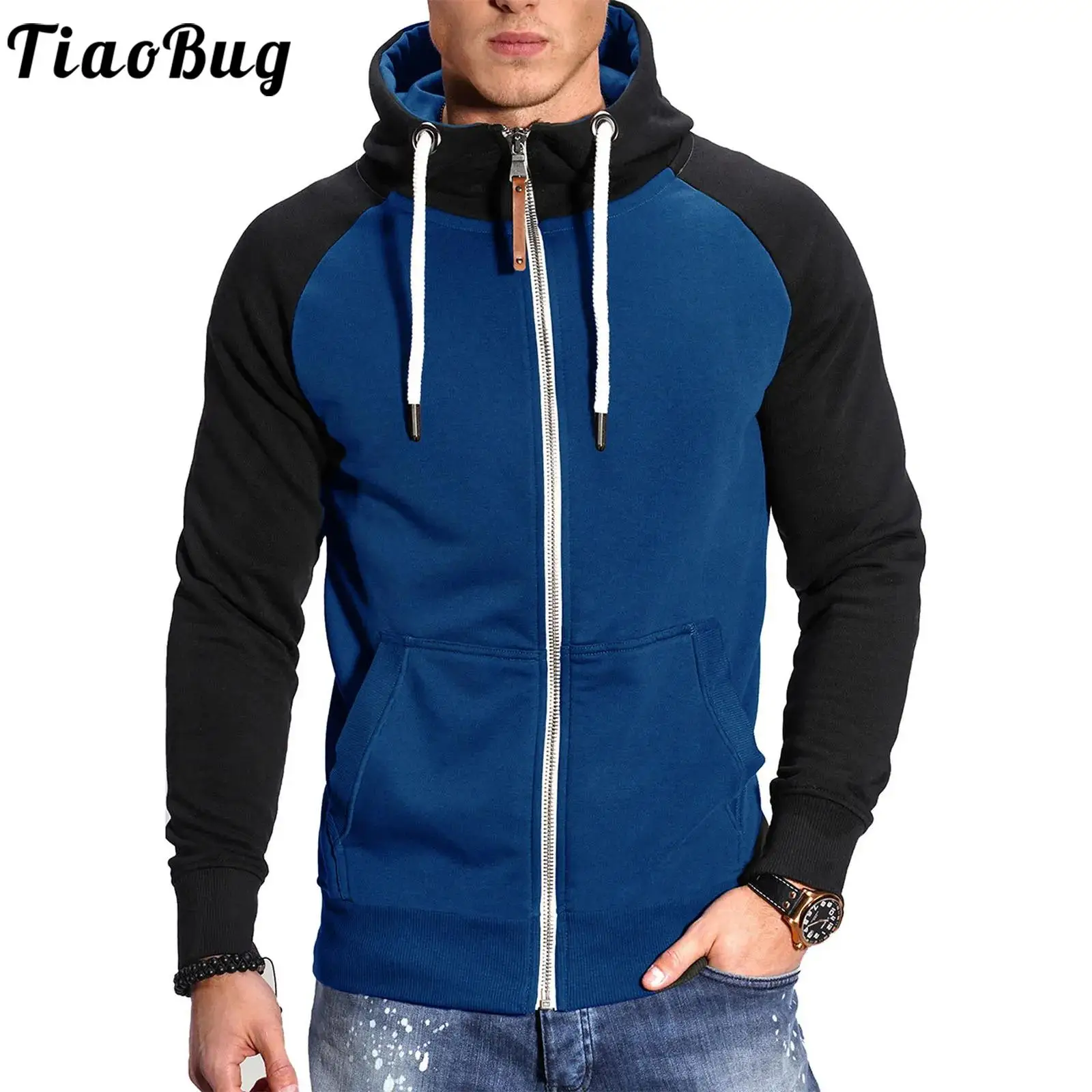 

2023 Autumn Winter Mens Stylish Color Block Hooded Jacket Casual Raglan Sleeve Zipper Drawstring Hoodie Sweatshirt with Pockets