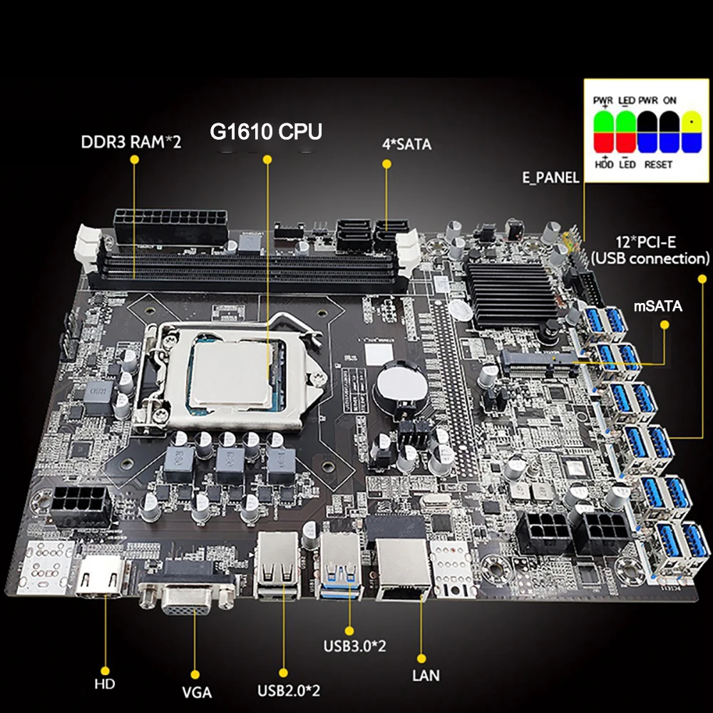 Материнская плата B75 для майнинга 12 USB 3 0 к PCI-E X16 LGA 1155 G1620 ЦП DDR3 SATA mSATA HD VGA Биткоин BTC