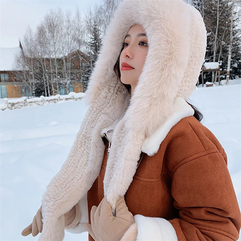 Russian Trendy Fur Hat, High-end Warm Winter Otter Rabbit Fur Scarf Hat, Luxurious Woven Scarf Hat, Natural Fluffy Thickened Hat