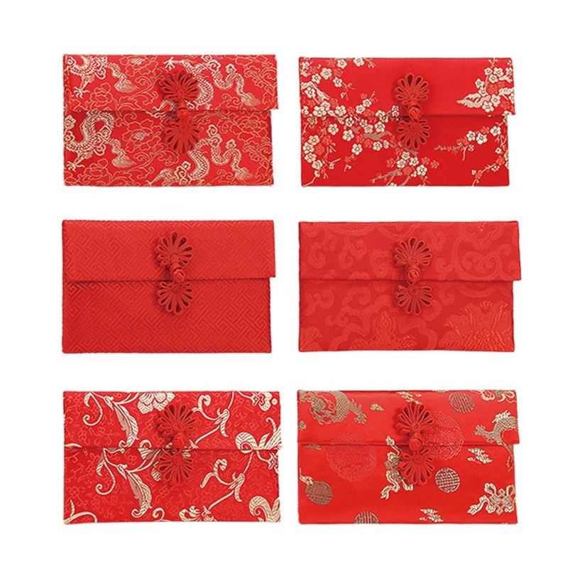 

6 шт., шелковые красные конверты, конверты для китайских карт, вышивка, украшение с китайским узлом для счастья, богатства