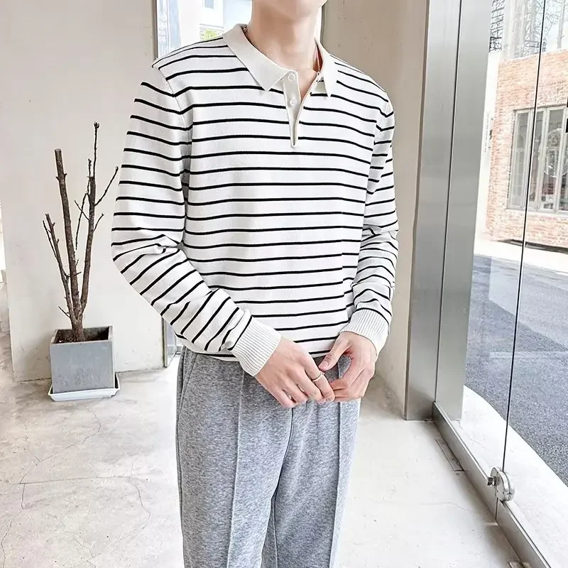 Полосатый трикотажный топ с воротником-поло Новинка Мужская Повседневная модная