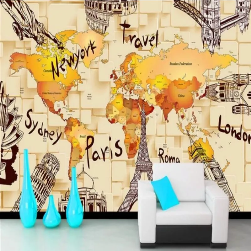 

Custom Hand-painted Bedroom Wallpapers Building World Map Living Room Background Wall Papers Home Decor Murals Papel De Parede