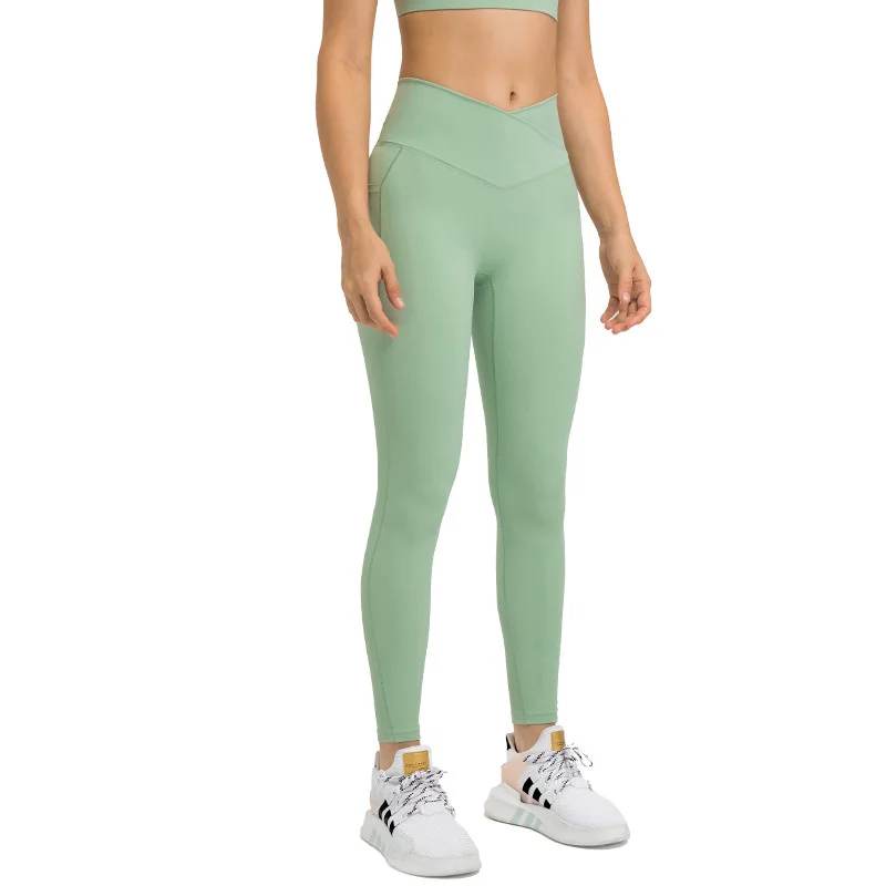 

Sexy Ladies Pocket Yoga Pants Fitness Leggings Front Waist Crossover No T-line Nude Sports Pants Tennis Gym Workout Sportswear