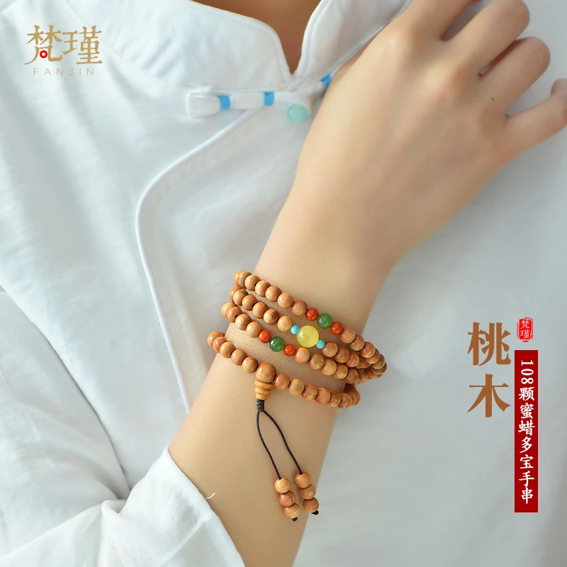 

Fanjin original design 108 peach wood artistic multi-Circle Bracelet beeswax Duobao ornament ethnic style New Year gift