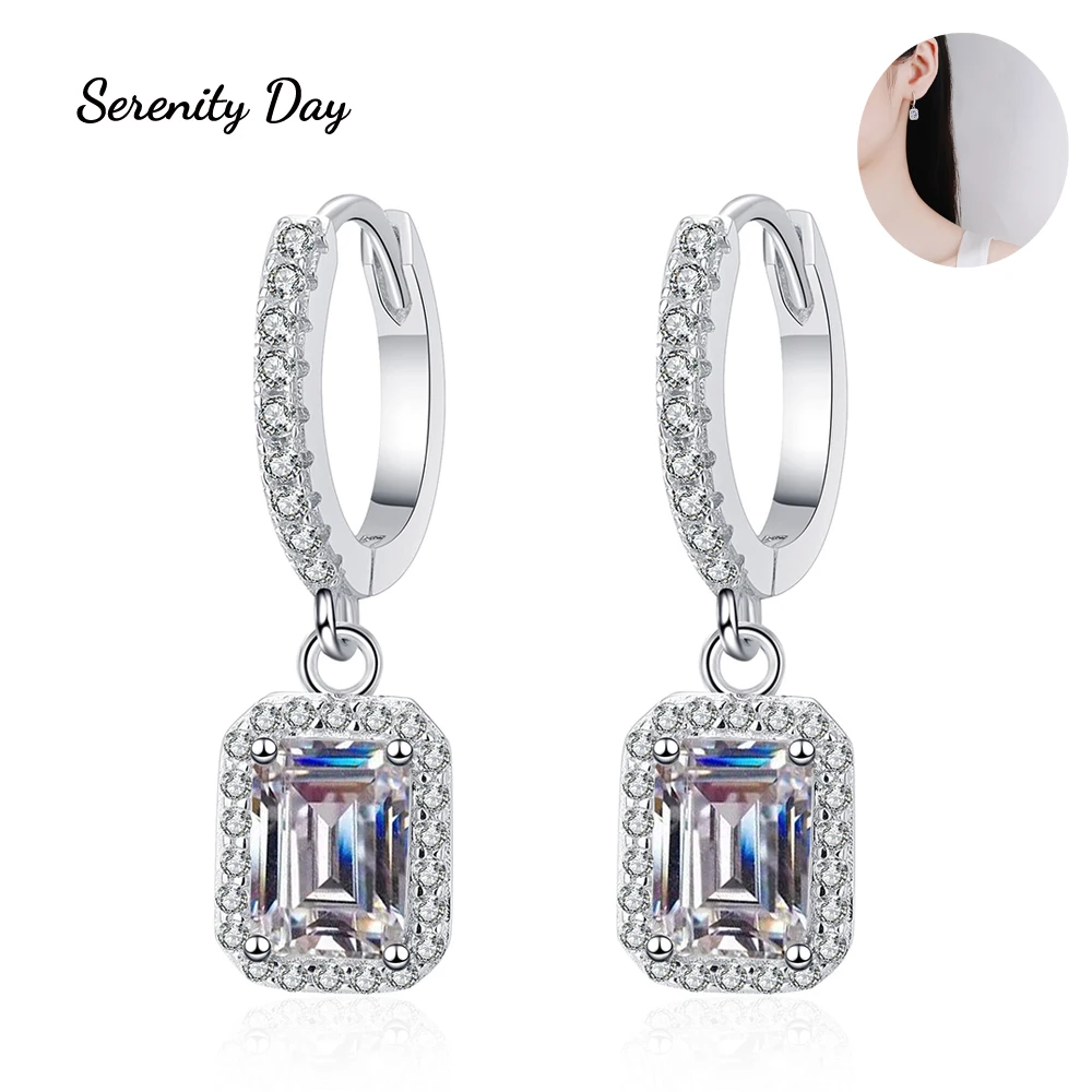 

Serenity Day S925 Sterling Silver Plated Pt950 Jewelry Inlaid Emerald Cut 2ct a Pair Moissanite Earrings D Color VVS1 For Women