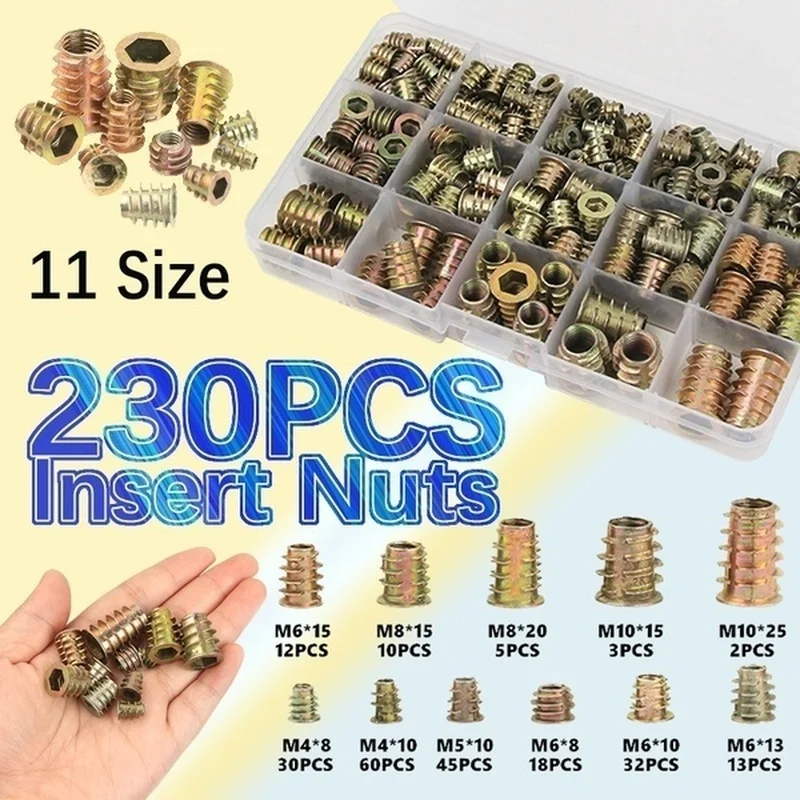 

230/100/70PCS Assorted Flanged Hex Drive Head Furniture Nuts M4 M6 M8 M10 Zinc alloyl Thread For Wood Insert Nut