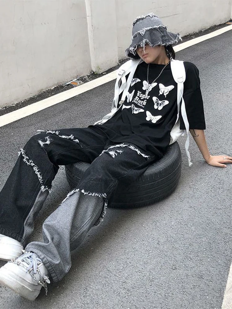 Four Seasons Men Jeans Brand Clothing Fashion High Street Tassel Stitching Raw Edge Design Hip Hop Streetwear Ins Hot Sale JEANS