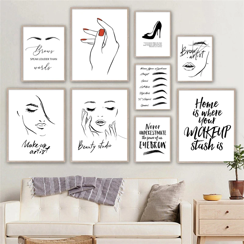 

Fashion MakeUp Canvas Painting Eyebrow Eyelashes Lips Nail Polish Wall Art Poster Beauty Salon Girl Bedroom Room Decor Picture