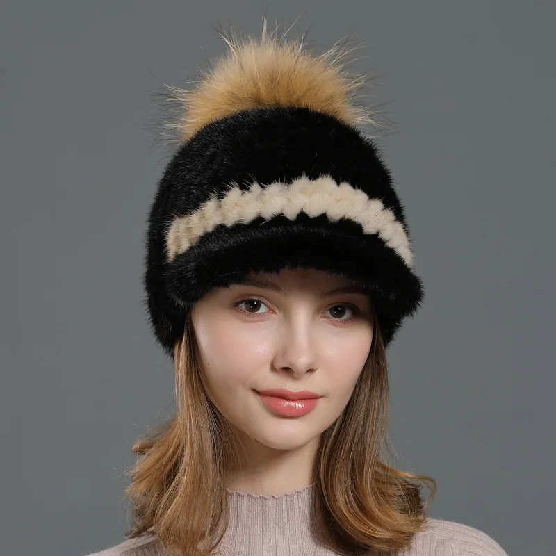 2022 New Real Mink Fur Visors Women Female 100% Natural Fur Pompom Ball Hats Warm Ear Protector Winter Outdoor Baseball Caps