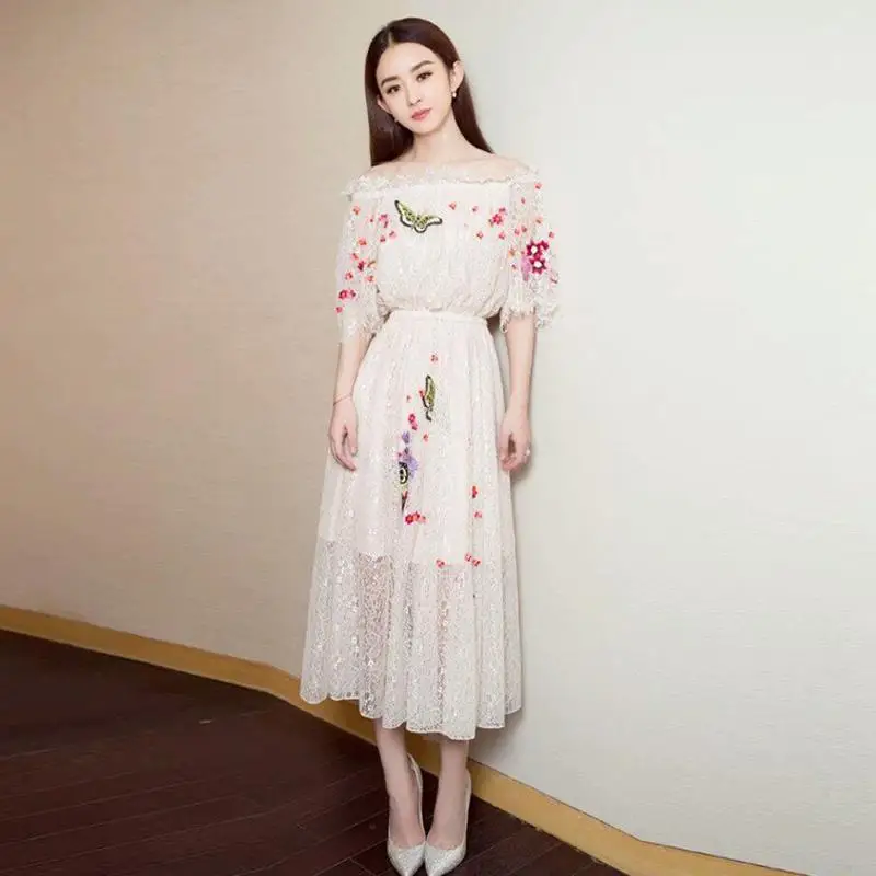 Новинка лета 2022 кружевное платье с вышивкой средней длины на одно плечо Женское