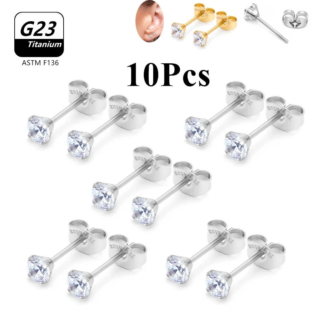 

10PCS G23 Titanium 20G Push in Stud 3mm 4mm 5mm Round 5A CZ Earrings No Allergy Lip Labret Ring Body Piercing Jewelry Wholesale