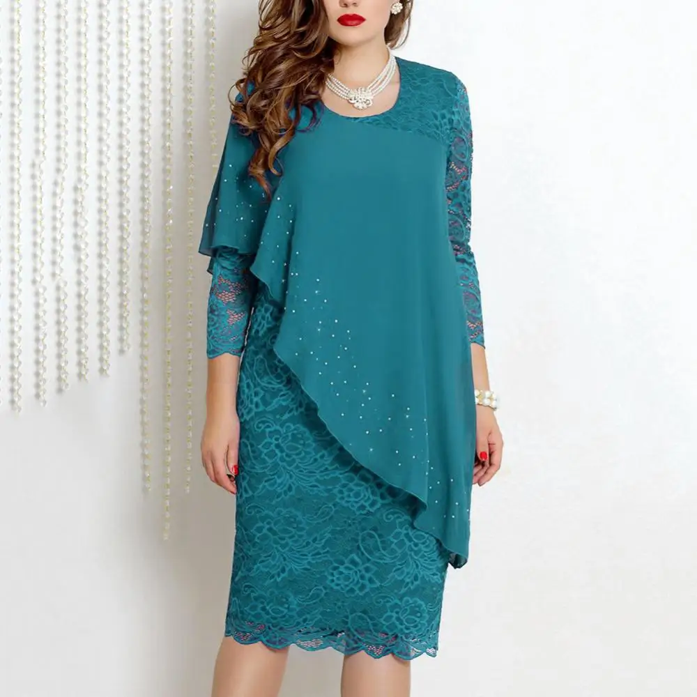 

Women Solid Color O Neck Knee-length Dress Dress Elegant Slim 3/4 Sleeve Party Banquet Knee-length Dress