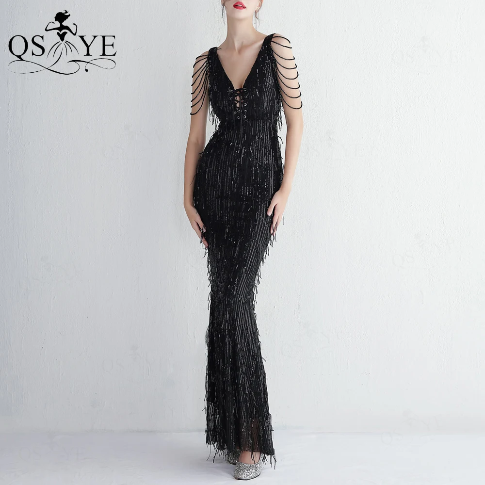 

Black Feather Evening Dresses Sequin Beadings Sleeves Mermaid Party Gown V neck Lacing Crisscross Celebrity Tassels Formal Dress