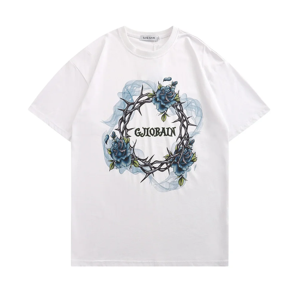 

Hip Hop T Shirt 2022 Men Streetwear Harajuku Flower Thorn Print T-Shirt Short Sleeve Cotton Casual Tshirt Black Tops Tees