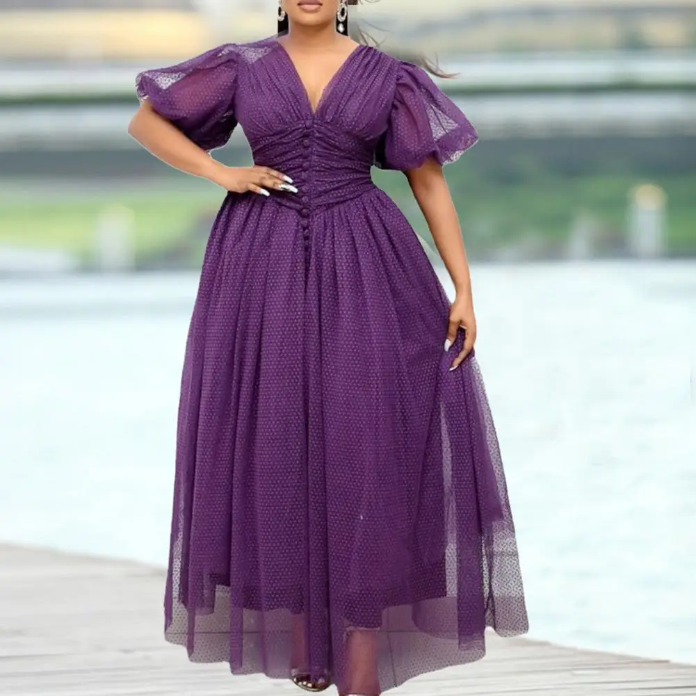 

Plus Size V-neck Prom Dresses For Women 2022 Short Sleeve Tea-Length Purple A Line Evening Gowns Pleats High Waist Party Wear