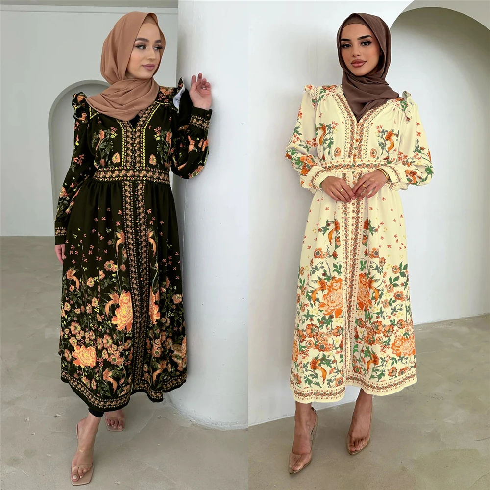 

Eid Mubarak Abayas for 2023 Muslim Vintage Floral Print Satin Maxi Dress Turkey Kaftan Arab Party Dubai Islam Gown Jalabiya Robe