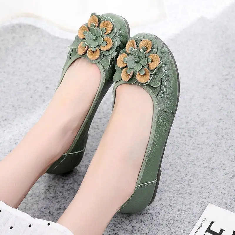 Plus Size Women Flats Floral Ballet Shoes For Women Summer Genuine Leather Moccasins Ladies Comfortable Driving Zapatos Mujer