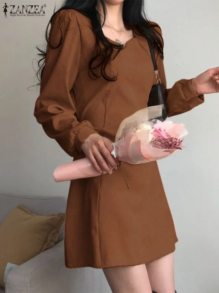 

ZANZEA Women 2023 Korean Mini Dresses Elegant Heart Collar Fashion Long Sleeve Short Dress Classy Ladies Lace Up Party Vestidos