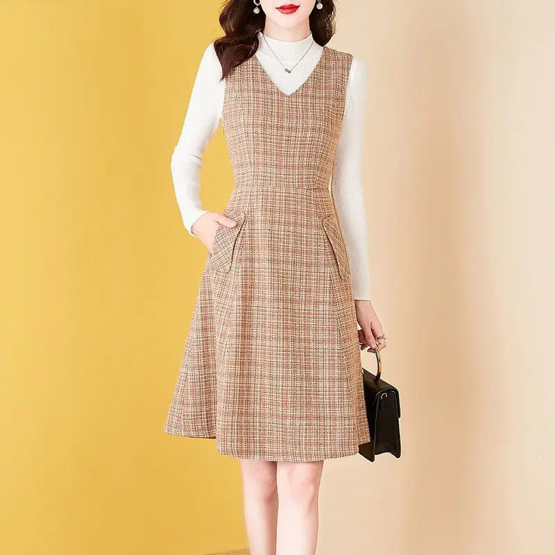

Korean Two Piece Set Dress Women Autumn Winter Houndstooth Woolen Spaghetti Strap Dresses Knee-Length Sundress Vestidos E463