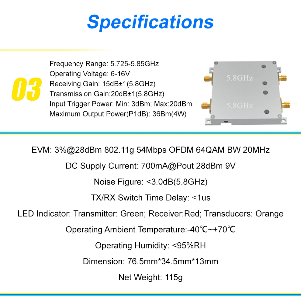 Фото WiFi Booster 36dBm 4W усилитель сигнала, ретранслятор с двойным каналом 2.4 ГГц и 5.8 ГГц, высокой мощности, расширитель диапазона для стандартов 802.11 b/g/n/ac, подходит для дронов. №5