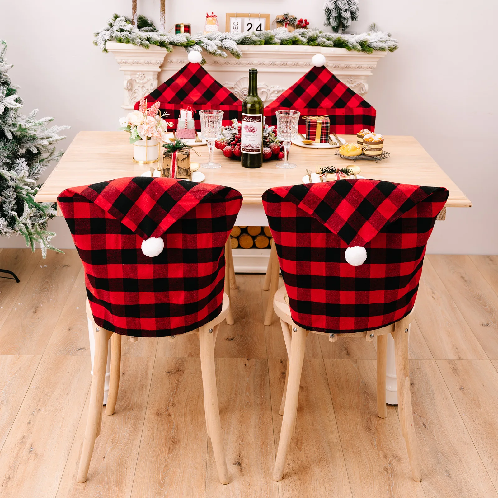 

Christmas season new home decoration red black plaid with white furball chair cover Christmas atmosphere decoration chair cover