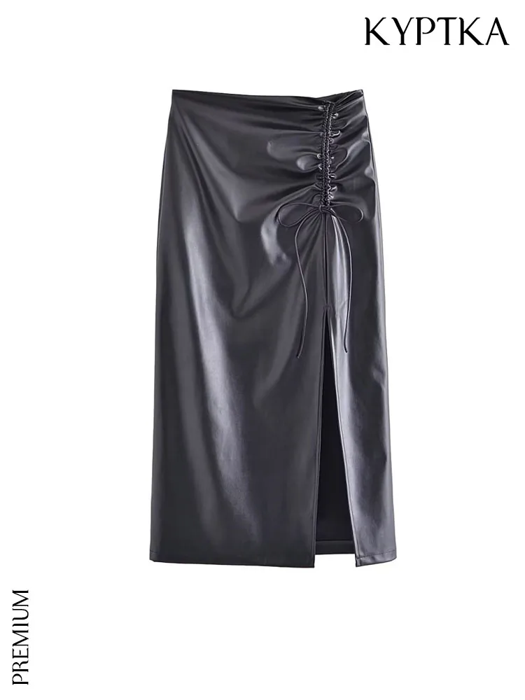 

KYPTKA Women Fashion With Drawstring Tie Front Slit Faux Leather Midi Skirt Vintage High Waist Back Zipper Female Skirts Mujer