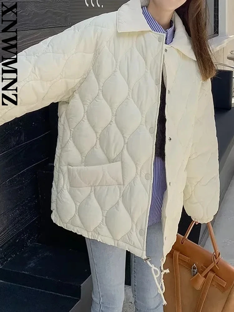 XNWMNZ 2022 women fashion rhombus drawstring cotton clothes woman loose pockets winter coat female chic cotton Outerwear