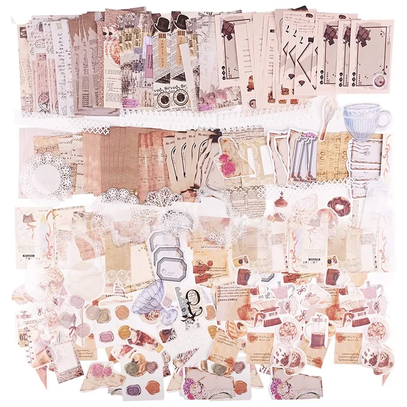 

260Pcs Vintage Scrapbooking Stickers Pack, Aesthetic DIY Retro Flowers Food Deco Paper Sticker Washi Planner Stickers