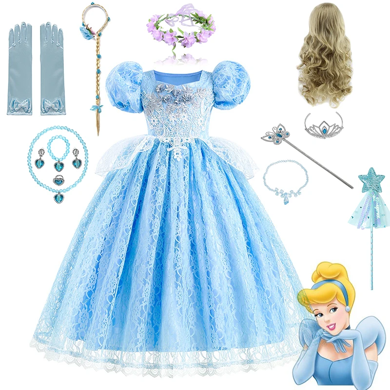Disney Princess Cinderella Dress For Halloween Christmas Lace Ball Gown Party Girls Cosplay Princess Costume Kids Clothes 3-10Y