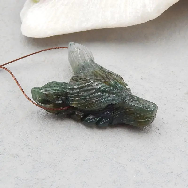 Ожерелье ручной работы из натурального Моха и агата с головой волка подвеска