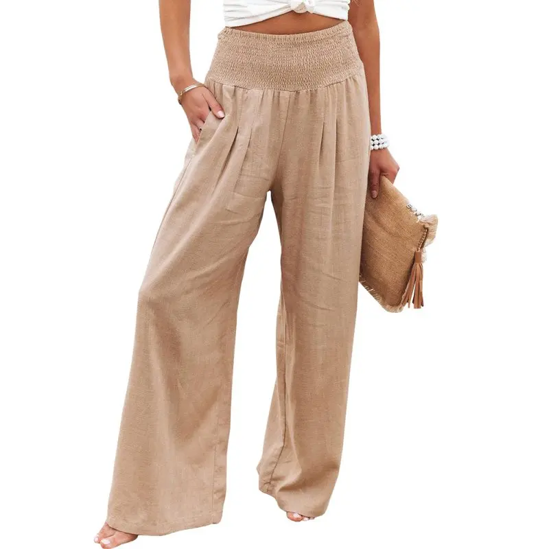 

HMCN Women Cotton Linen Pants Elastic High Waist Wide Leg Palazzo Lounge Pants Casual Loose Beach Pants with Pockets